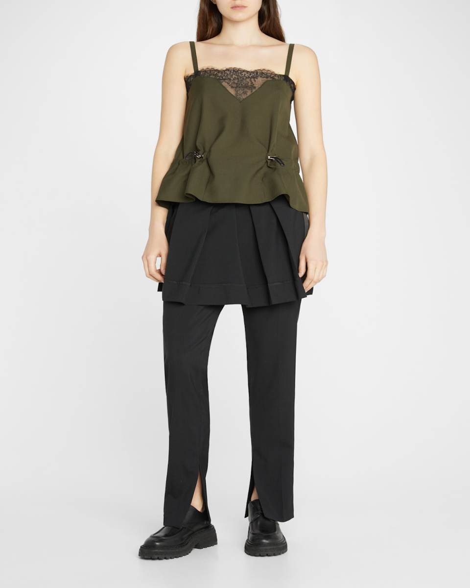 Slit-Hem Straight-Leg Suiting Pants w/ Pleated Skirt Overlay